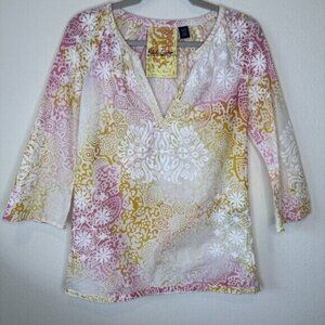 Robert Graham Split Neck/V-Neck Embroidered Multicolor Tunic/Blouse Size Medium